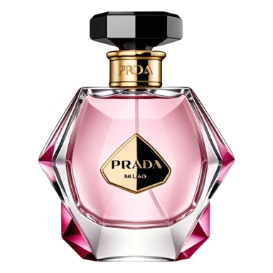  um frasco de perfume da marca Prada, em formato triangular, com vidro transparente e líquido rosado. No centro do frasco está escrito "PRADA MILANO" em letras pretas, com o logotipo da marca abaixo. A tampa é preta, retangular e inclinada, com um anel dourado na base, dando um toque moderno e elegante ao design. sticker