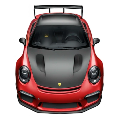 GT3RS in Royale red with a black hood, blue spoilers, black text, black rims, and yellow headlights, sticker