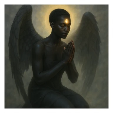 a black angel kneeling in prayer with a glowing third eye on forehead, ethereal atmosphere sticker
