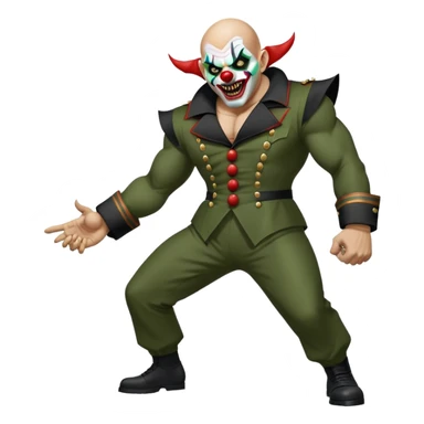 evil clown, bald, short black devil horns on forehead, fangs, pointed ears, black and military green leisure suit, realistically proportioned, bulky and muscular, full body, battle-ready, fighting posture sticker