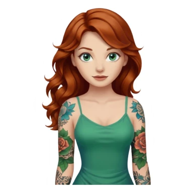 Long wavy Auburn hair woman BLUE eyes wearing green cami  dress and one tattoo sleeve sticker