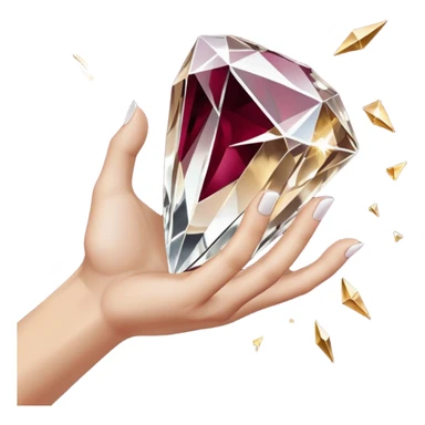 White pov hand outline gripping a shattered diamond prism, light shards projecting luxury items, deep burgundy (#4A0E27) and onyx (#000000) background with metallic gold (#FFD700) fractures, dramatic chiaroscuro lighting, edgy opulence sticker