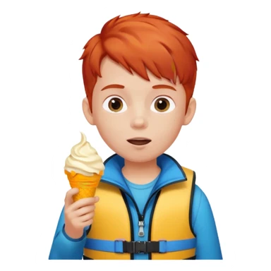 boy kid red haired wearing life jacket, eating ice cream sticker