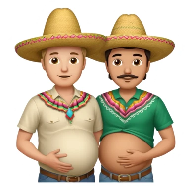 two men standing besides each other. 1 man is white, and the other man is mexican wearing a sombrero and pregnant, holding his belly.  sticker