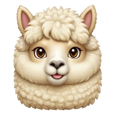 Cinematic Cute Cream Alpaca Portrait Emoji, Head tilted playfully and inquisitively, featuring a fluffy, cream fleece with a natural sheen, round, sparkling gentle eyes filled with curiosity, Simplified yet irresistibly adorable features, highly detailed, glowing with a warm, friendly glow, high shine, affectionate and gentle, stylized with a touch of whimsy, bright and endearing, soft glowing outline, capturing the essence of a mischievous yet loving alpaca, so playful it feels like it could prance out of the screen and into your arms! sticker