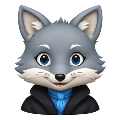 Grey anthropomorphic furry fox with a black coat, blue eyes, and a small fringe of black hair, smiling sticker