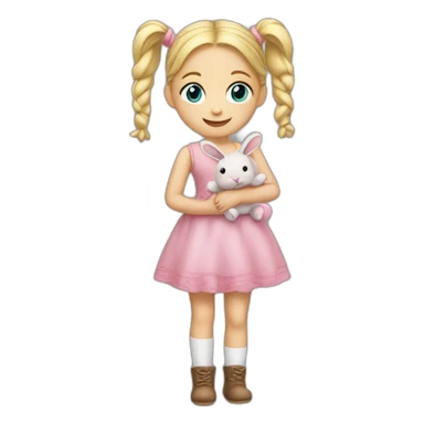 little girl with blond hair with two pigtails, blue eyes. a green rabbit soft toy in her hand, she smiles and has a pink dress and brown tights sticker
