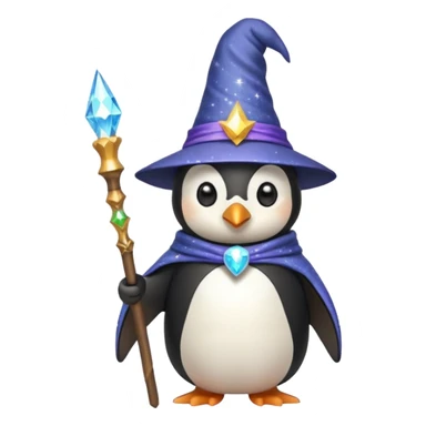 penguin wizard holding a staff wearing a pointed hat magical sparkles sticker