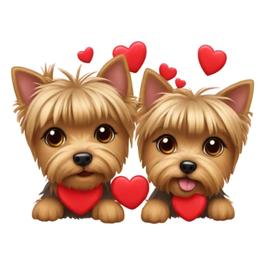 Boy and girl Yorkshire terriers holding hearts sticker