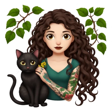woman with long curly brown hair, brown eyes, white skin, tattoos, black cat tangled in living vines sticker