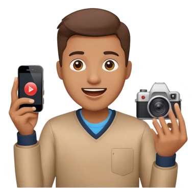 Emoji of a YouTube content creator: holding a camera or smartphone, excited expression, play button icon nearby, symbolizing video creation. sticker