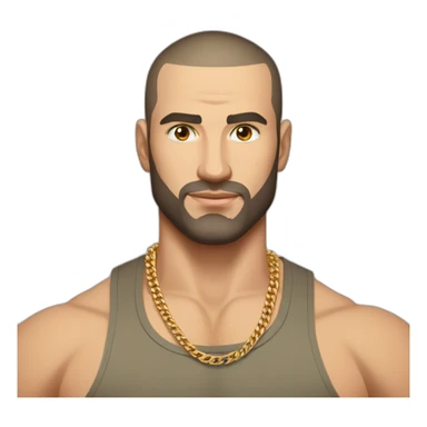 Russian muscular man aged 26 wearing gold chain with black buzz cut hair and short beard sticker