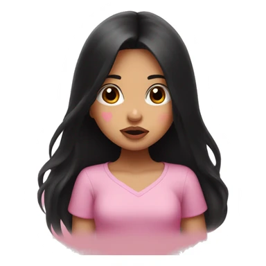 Girl with long black hair doing a kissy face with pink hearts sticker