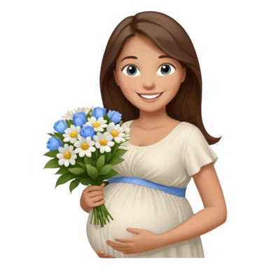 Create a cute emoji-style illustration of a young brunette woman with long brown hair, blue eyes, and a happy smile. She is pregnant, shown with a visible baby bump, wearing a simple white dress and holding a small bouquet of flowers. She looks excited and joyful, as if she's about to marry soon. sticker
