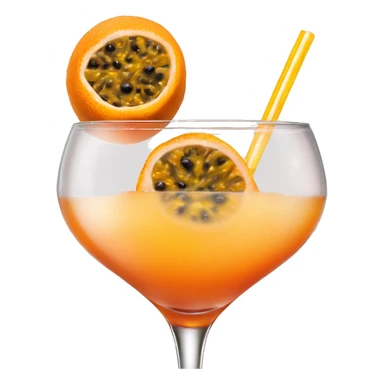 orange drink in a triangle cocktail glass with half of passion fruit on top sticker