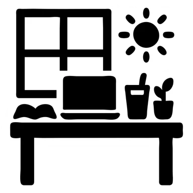 A desk by the window with summer sunshine in the background. On the desk, there is a laptop, a cup of iced coffee, and a small plant. An opened book is also present. sticker