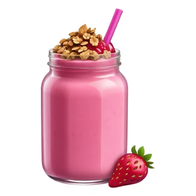 Transparent jar of strawberry smoothie topped with granola, minimal background sticker