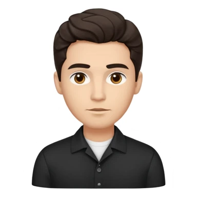 He’s a man with light to medium skin, a defined oval face, full brows, deep-set eyes, and wavy short dark brown tall hair styled with height, sides are trimmed. expression calm and focused relaxed black open-collar. polished, articulate, and coach vibe. personal development sticker