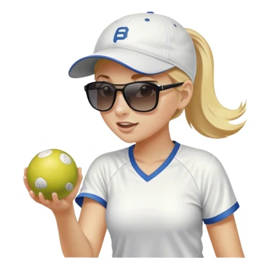 Girl with blond hair in a ponytail wearing a white baseball cap and sunglasses playing pickleball sticker