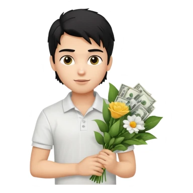generate a pretty fair bratz boy with a messy mullet (black hair), wearing a white polo.  carrying a bouquet made of money. Fancy card behinf him sticker