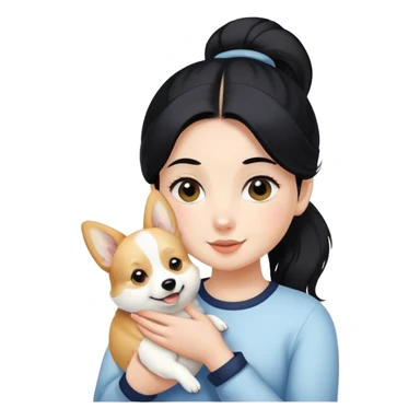 A girl with a black ponytail holding a white corgi sticker