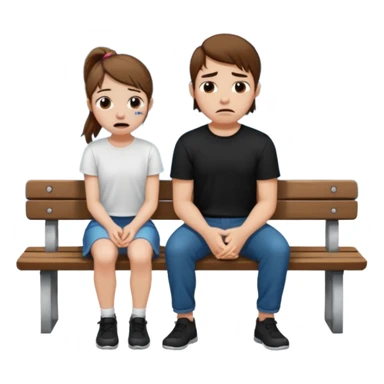 pale girl  with brown ponytail and ugly face  with boy  with brown hair black short and a white shirt sitting sobbing by himself on a bench with a lake in the back  sticker