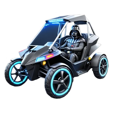 Mad max survival apocalypse ghostly sporty futuristic electric Darth Vader’s Batman-armored 1876 black graphite colored enclosed twin seat town buggy with horizontal holographic 3d stars painted on the body sides and neon under glow  sticker