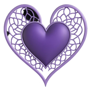 gothic heart, deep purple satin, ornate silver filigree, black lace trim, faint purple glow, with a spiderweb overlay sticker