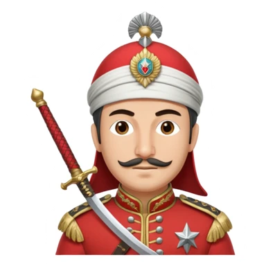 Ottoman janissary in red army dress holding a sword had a white cap sticker