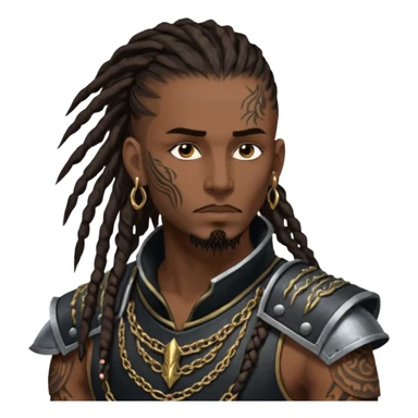 A dark-skinned figure with hollow cheekbones, a sharp jawline, and intense dark brown eyes. His hair is a mess of 7-inch-long dreadlocks, with a fresh hairline and low taper. His body is covered in intricate tattoos, and he wears an armor vest. Gold earrings adorn his ears, and his  sticker