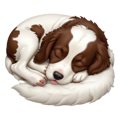 Meme-Worthy Cute Sleeping Springer Spaniel Portrait Emoji, Head resting peacefully with a contented smile, showcasing a delightfully agile build and a luxuriously soft liver and white Fur, eyes shut in a serene nap, Simplified yet hilariously adorable features, highly detailed, glowing with a soft, drowsy light, high shine, relaxed and utterly lovable, stylized with an air of playful laziness, bright and heartwarming, soft glowing outline, capturing the essence of a comically sleepy companion, so meme-worthy it feels like it could instantly become the next viral sensation of adorable slumber! sticker
