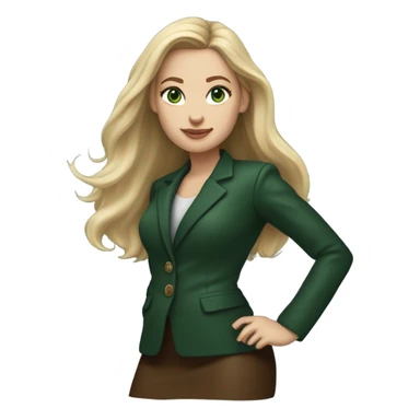 Realistic White woman with Long straight blonde hair and green eyes, dark green Wool oversize blazer, mini skirt and Brown heeled leather boots  sticker