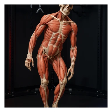 Hyperrealistic anatomical view of the same pose: tilted pelvis, valgus knee, pronated foot, with detailed visible bones and muscles, gym environment, 4K quality. Variant 7: view slightly rotated by 45 degrees. sticker