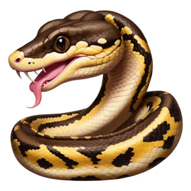 A photo-realistic digital illustration of a Ball Python, large headshot portrait. The snake has a short, rounded snout, smooth contours, and a wide, slow yawn exposing its soft pink mouth. Its head is warm brown with bold, irregular dark markings, including the signature “alien-head” pattern. sticker