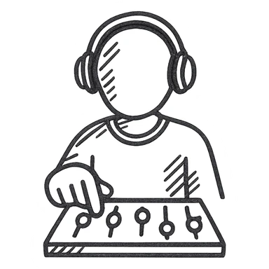 music producer adjusting a mixing console, simple lines, hand drawn black outline sticker