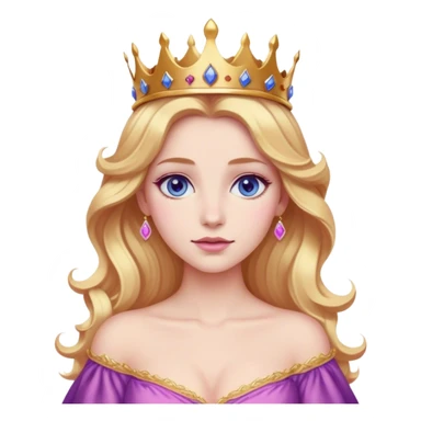 Cinematic Realistic Sleeping Beauty (Aurora) Portrait, with porcelain-like skin featuring a natural rosy flush, illuminated by soft lighting that highlights the gentle contours of her face. Her golden blonde hair flows in soft, detailed waves with subtle highlights that shimmer in the light. Her deep violet-blue eyes radiate warmth and innocence, framed by arched brows and long lashes. Her serene expression exudes quiet elegance. She is dressed in her classic pink gown, the fabric rich in texture with delicate folds that catch the light. A golden crown rests atop her head, gleaming with royal refinement. The portrait captures a soft, glowing aura, blending realism with an ethereal sense of beauty and timeless enchantment. sticker