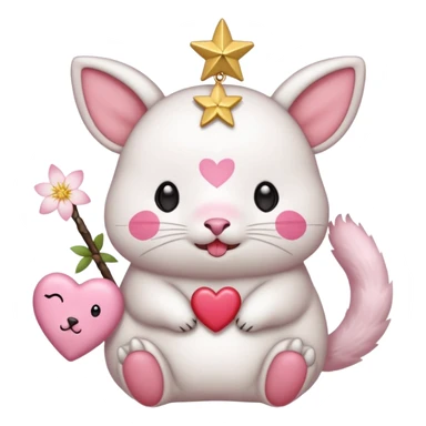 GENERATE ME A MOMONGA WHITE ANIMAL  FROM CHIIKAWA AND PUT A SAKURA FLOWER ON HIS HEAD AND A STAR PELT ON HIS BELLY AND A HEART PURSE ON HIS ARM WITH HIS FACE MAKE HIS TOUNGE STICK OUT WITH A LITTLEPINCH OFDROOL sticker