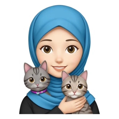 Asian White girl wearing hijab holding a black grey tabby cat while smiling.  The cat is wearing a blue collar sticker