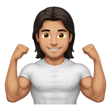 muscled happy guy, long dark hair, t-shirt sticker