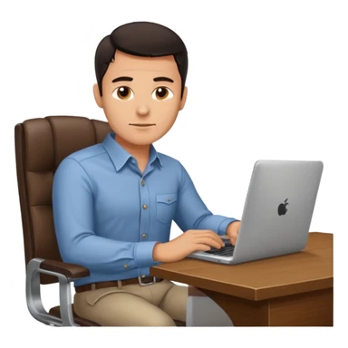 Rich man working on a chair at office in shirt, dark hair, and near the desk with laptop he is german very beautiful looks like, full body view sticker