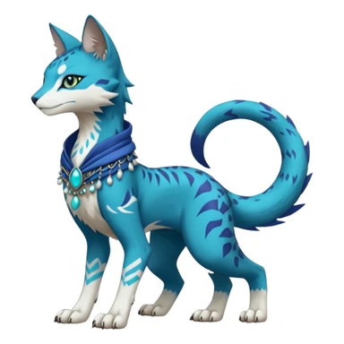 Kawaii cute Indigo Turquoise Grey beautiful pretty elegant divine edgy feline-vernid-sergal-Fakémon-Pokémon-Digimon-fursona-animal-creature, full body, with intricate detailed markings, silken shawl, decorative anklets sticker