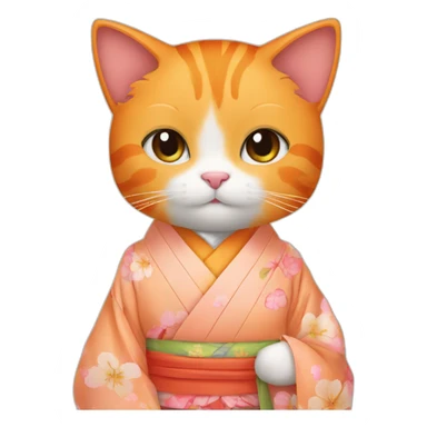 Beautiful orange cat wearing kimono and holding peach sticker