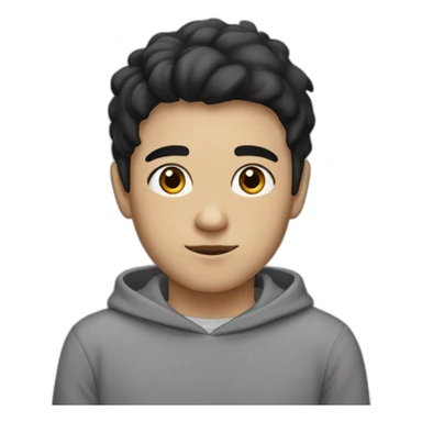 Boy with black hair, medium black eyes with a gray sweatshirt, with a thin face and semi-dark white skin sticker