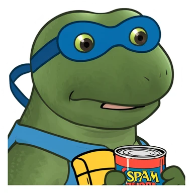 ninja turtle wearing blue eye mask with SPAM can sticker