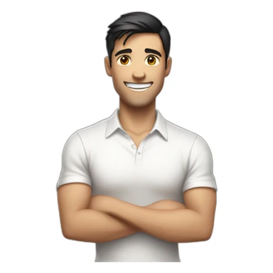 Men with white shirt, crossed arms, short dark hair, with a huge smile sticker