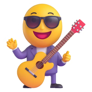 3D smiley emoji, round shape, musician: with guitar, sunglasses, funny face sticker