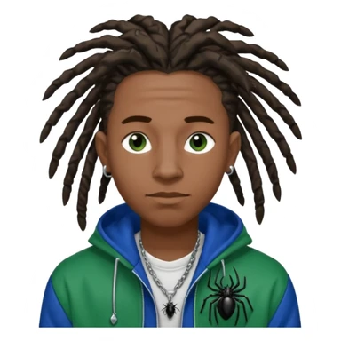 create a black male with locs and silver ear piercings and a left nose piercing and a spider necklace that’s black along with a varsity jacket that’s blue and green sticker