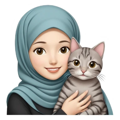 Asian White girl wearing hijab holding a black grey tabby cat while smiling.  sticker