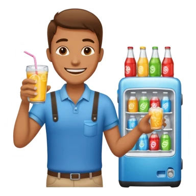 A vendor with a big beverage cooler, offering cold drinks with a wide grin sticker