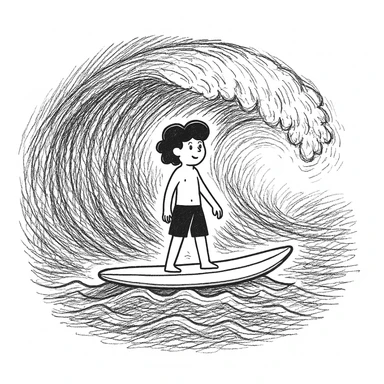 Add a hand-drawn ocean wave background behind the surfboard, matching the doodle style. The style should resemble hand-drawn, sketchy, and informal doodle illustrations with visible strokes and a casual feel. sticker